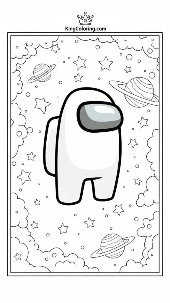 Among Us crewmate floating in space with stars and planets