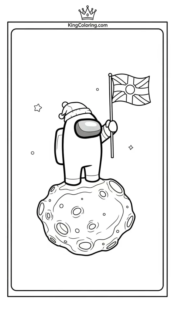 Among Us crewmate holding a flag on a small asteroid,