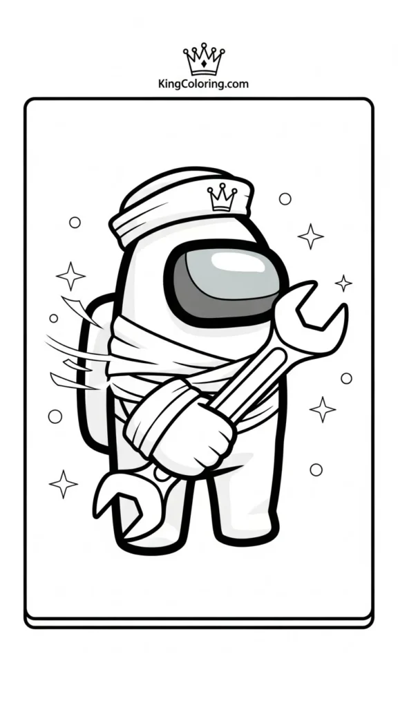 Among Us crewmate holding a wrench with simple motion lines