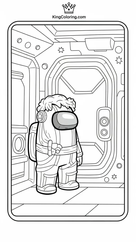 Among Us crewmate standing next to a spaceship hatch,