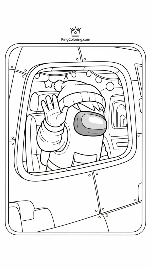 Among Us crewmate waving from inside a spaceship window