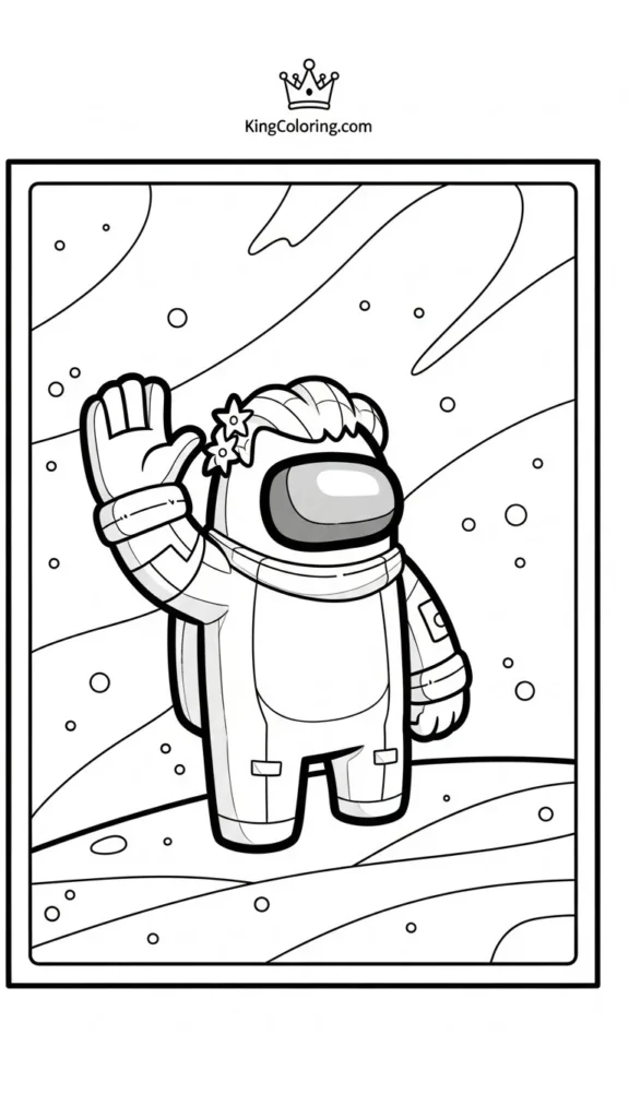 Among Us crewmate waving with a simple space background