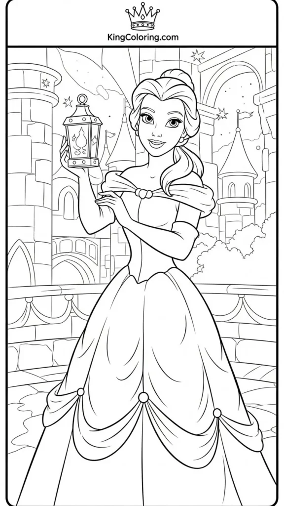 Belle holding a lantern in the castle