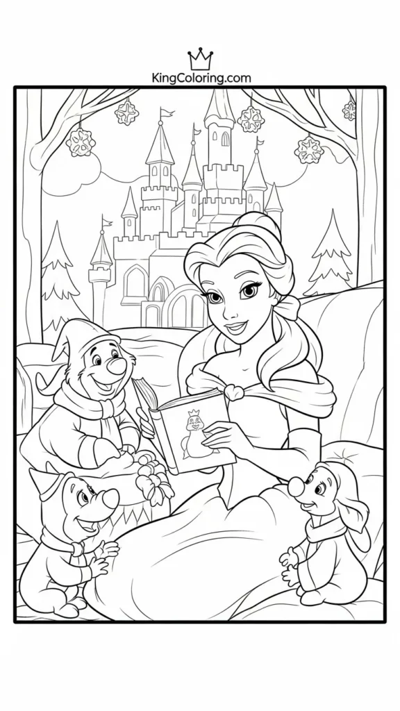 Belle reading to castle friends in a cozy scene