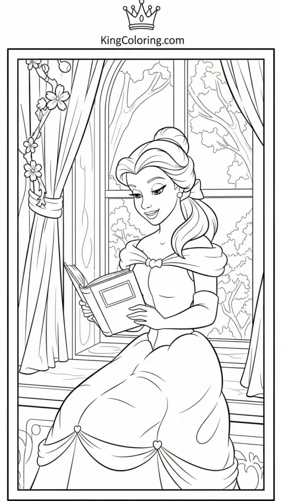 Belle sitting by a window reading a book