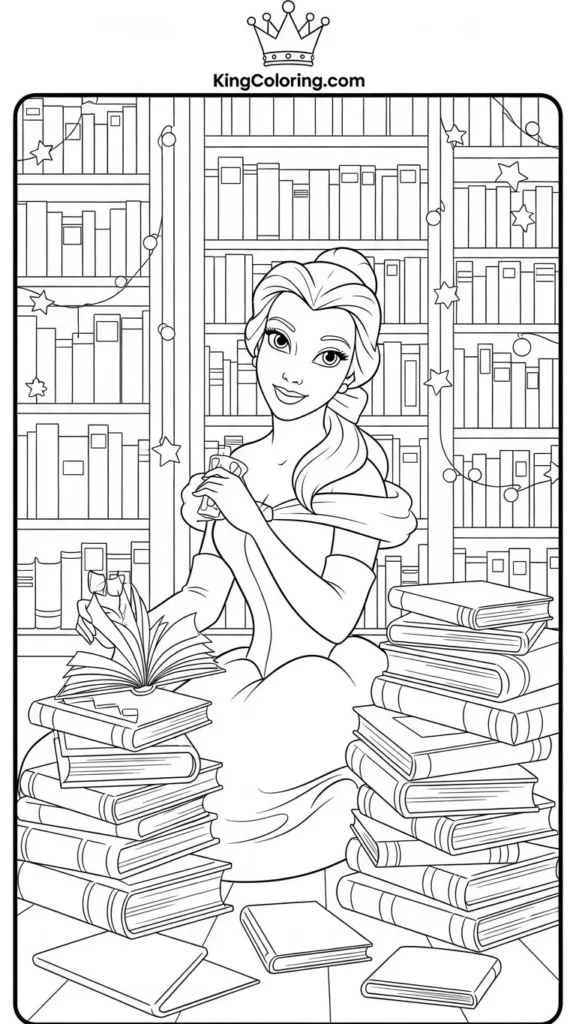 Belle sitting in a library surrounded by books