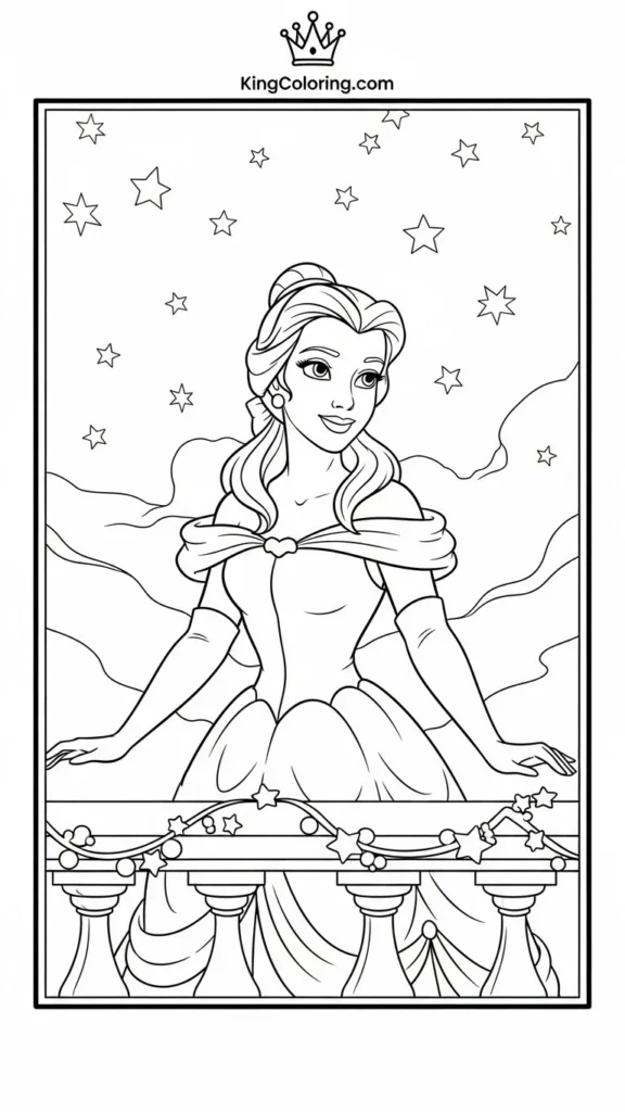 Belle standing on a balcony with stars in the sky