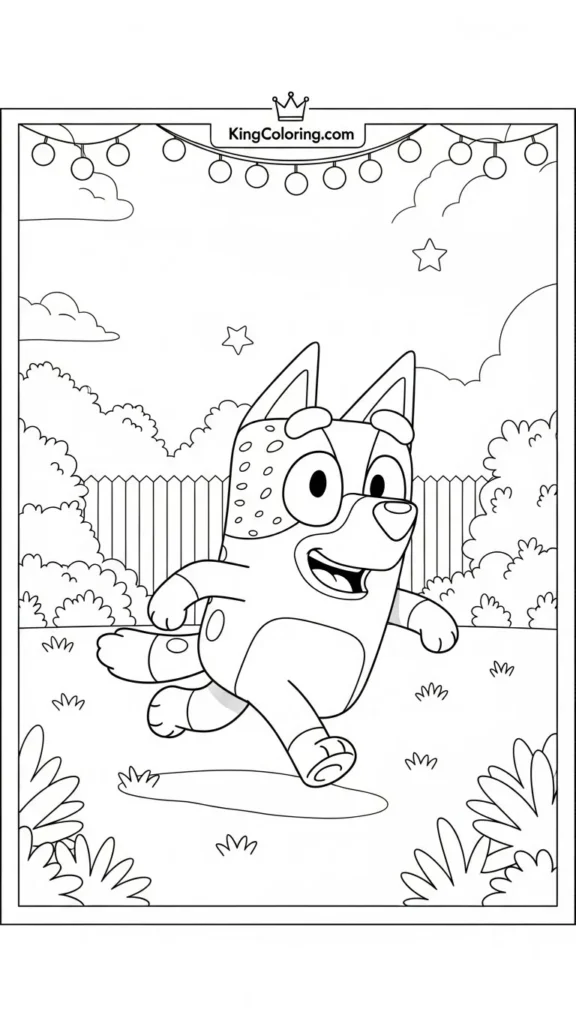 Bluey running happily in the backyard