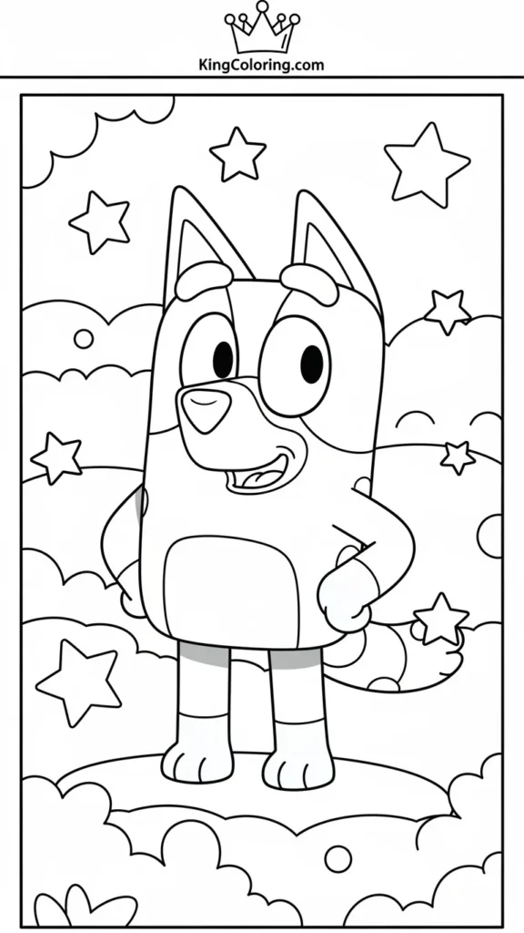 Bluey smiling with stars around