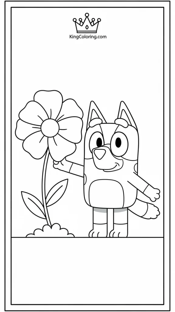 Bluey standing next to a flower
