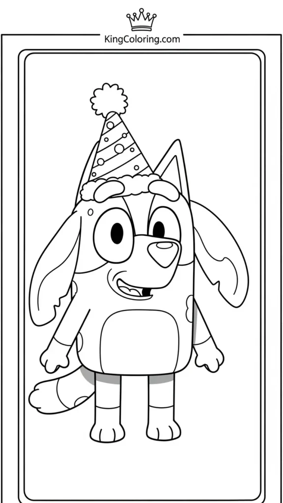 Bluey wearing a party hat