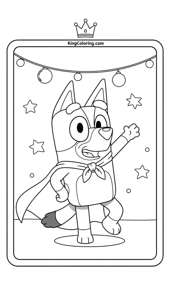 Bluey wearing a superhero cape and striking a fun pose