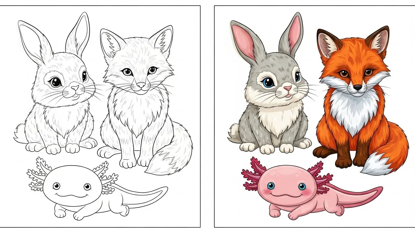 Collection of printable animal coloring pages including bunny, kitten, fox, and axolotl