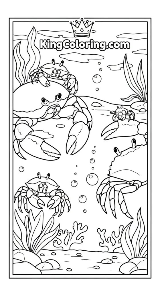 Crab coloring pages depicting a crab family lined up at different angles