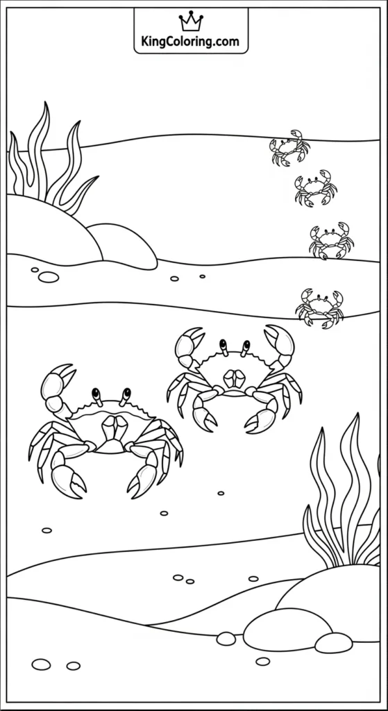 Crab coloring pages depicting a crab family walking in a gentle curve