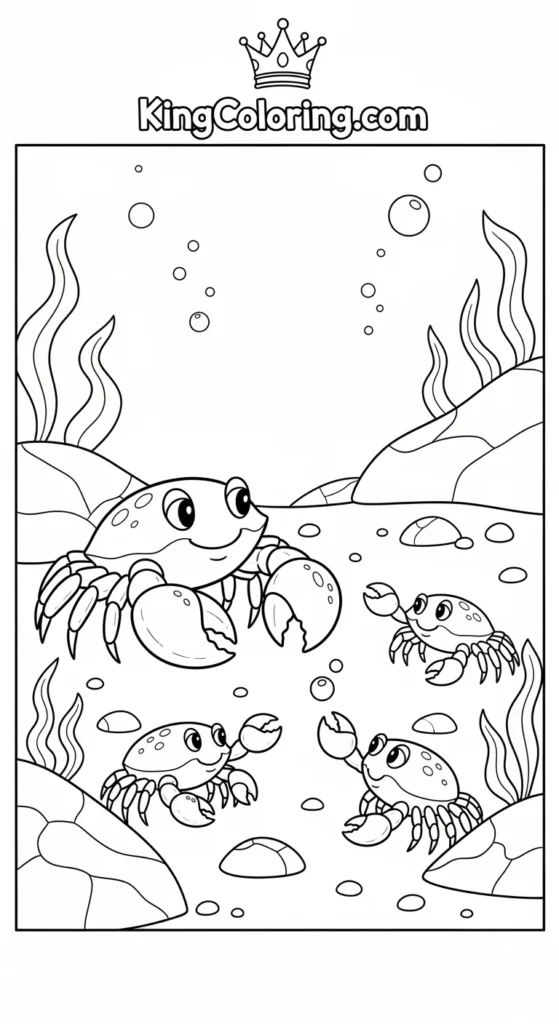Crab coloring pages depicting a parent crab watching over playful baby crabs