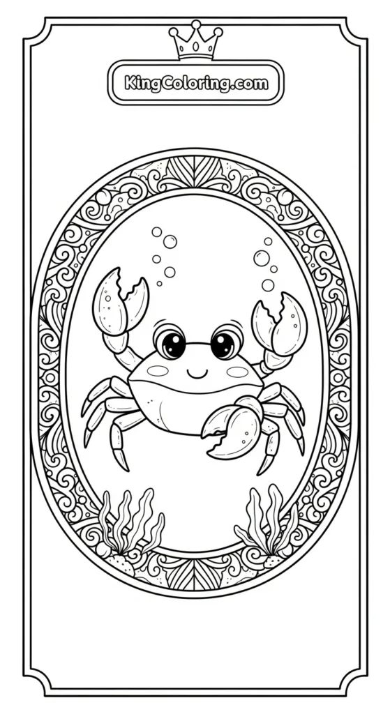 Crab coloring pages depicting a small cute crab inside a rounded decorative frame