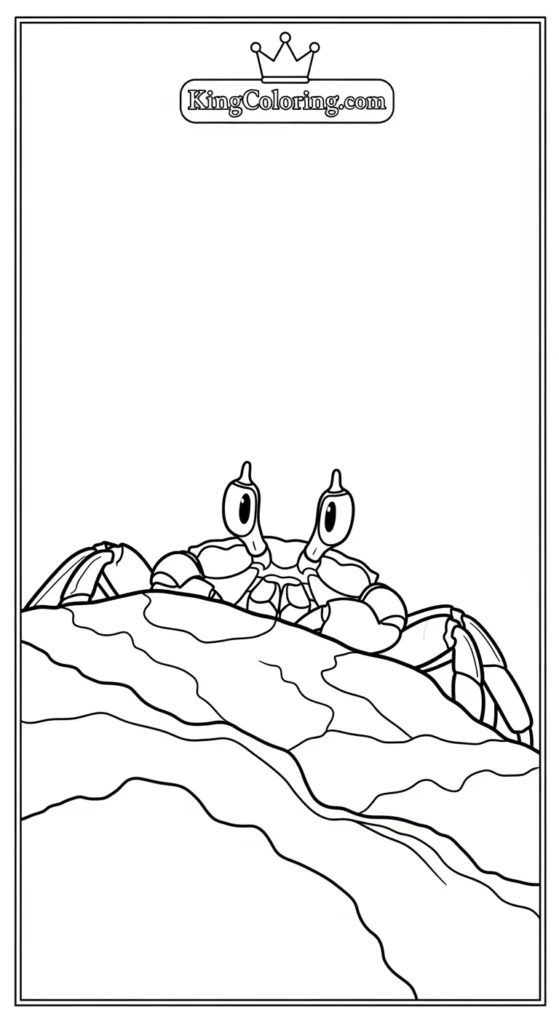 Crab coloring pages depicting a tiny crab peeking out from behind a rock