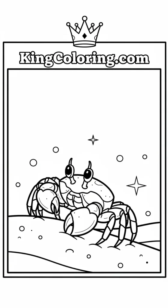 Crab coloring pages depicting a tiny crab tiptoeing across the sand