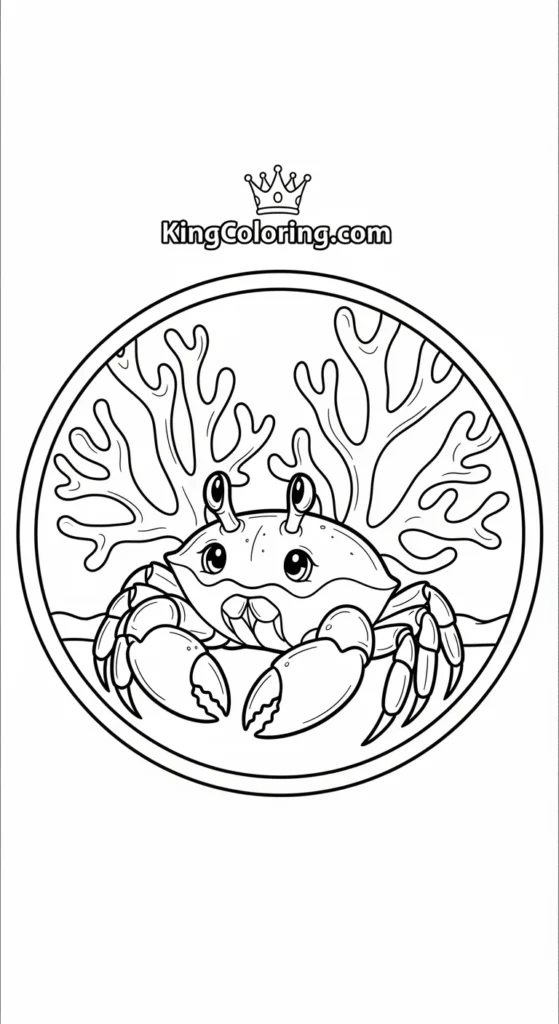 Crab coloring pages illustrating a baby crab sitting inside a circular coral frame