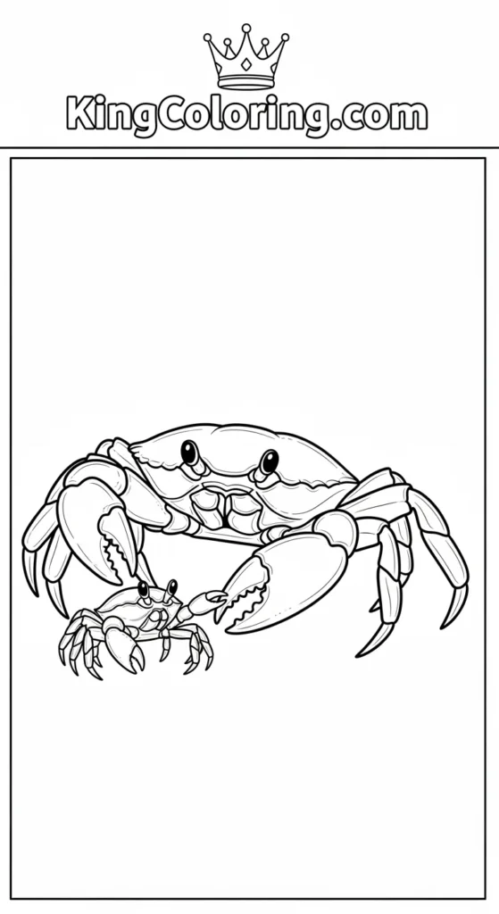 Crab coloring pages illustrating a parent crab gently guiding a baby crab