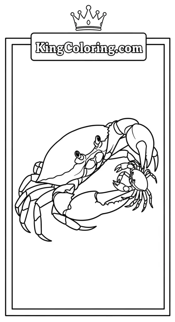 Crab coloring pages illustrating a parent crab lifting a baby gently with one claw