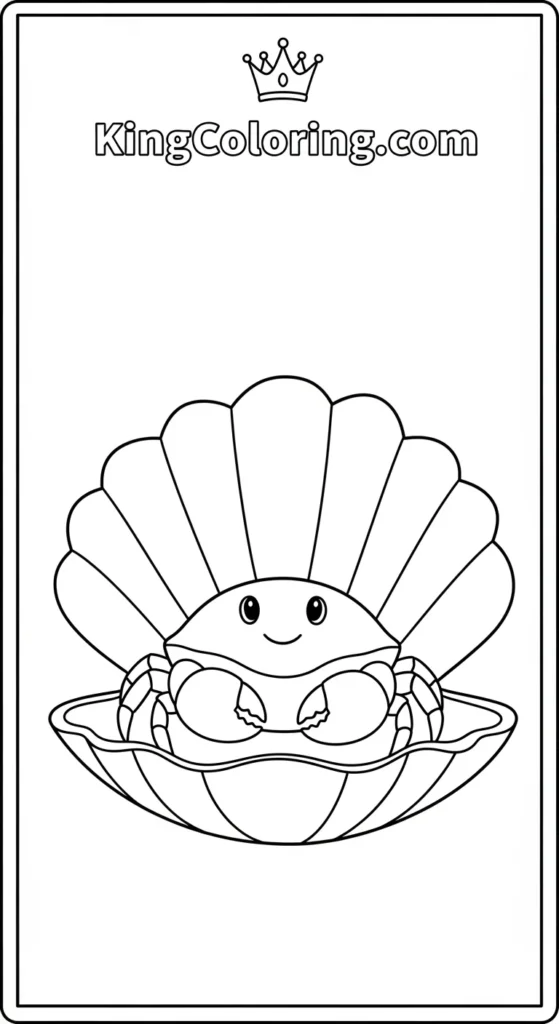 Crab coloring pages illustrating a small crab sitting inside a seashell