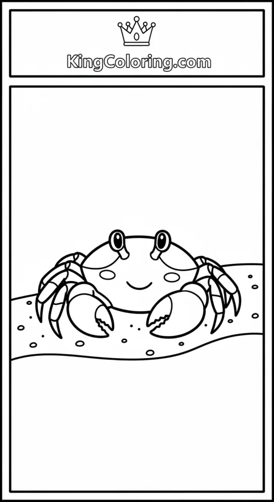 Crab coloring pages showing a small crab lying flat on the sand