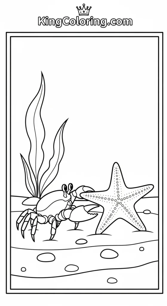 Crab coloring pages showing a tiny crab sniffing a starfish