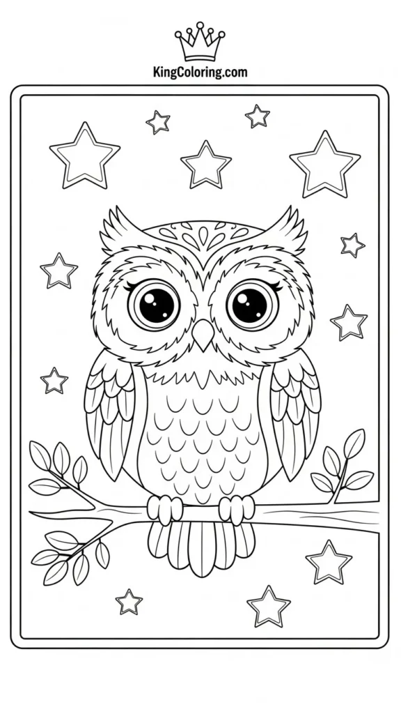 Cute kawaii owl perched on a branch with stars