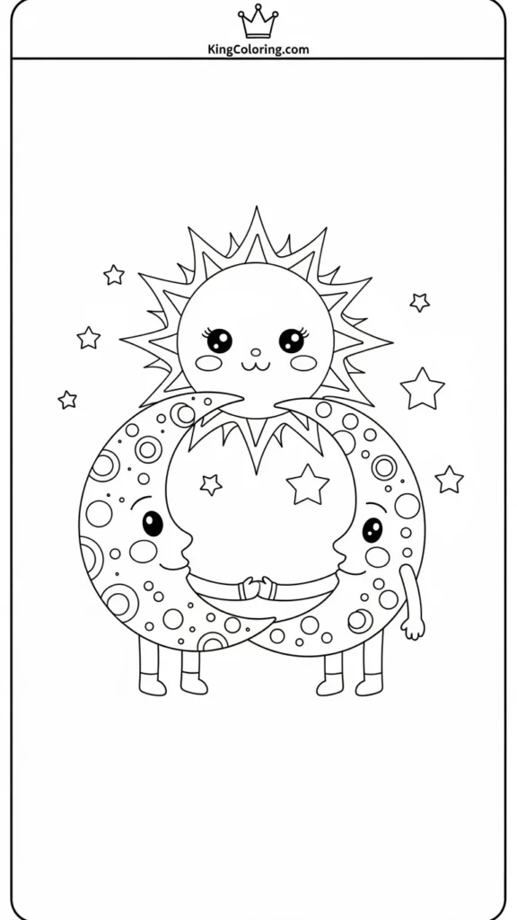 Cute kawaii sun and moon holding hands