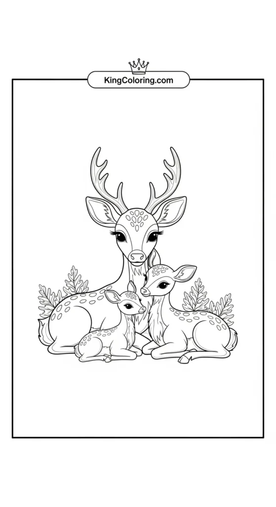 Deer coloring page depicting a deer family sitting together in a gentle circle