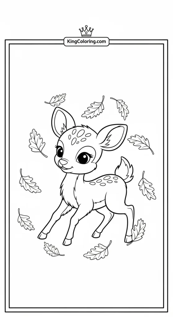 Deer coloring page featuring a small deer playing with falling leaves
