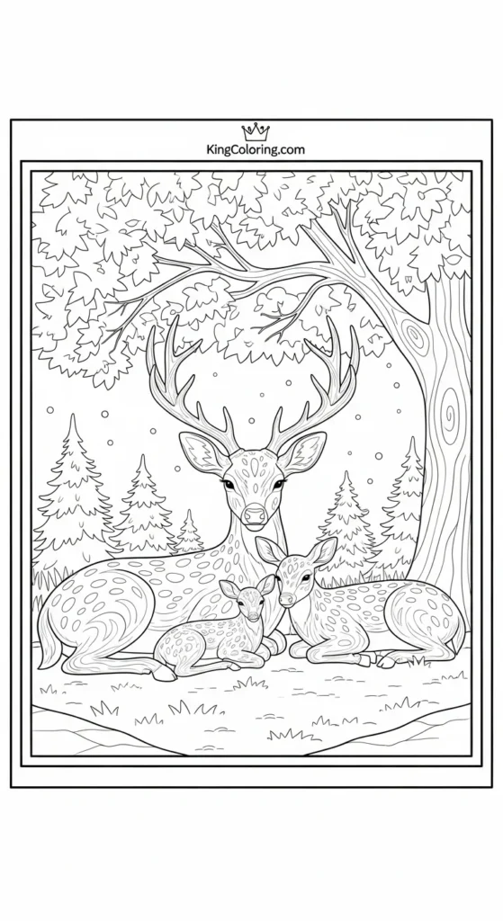 Deer coloring page illustrating a deer family resting together