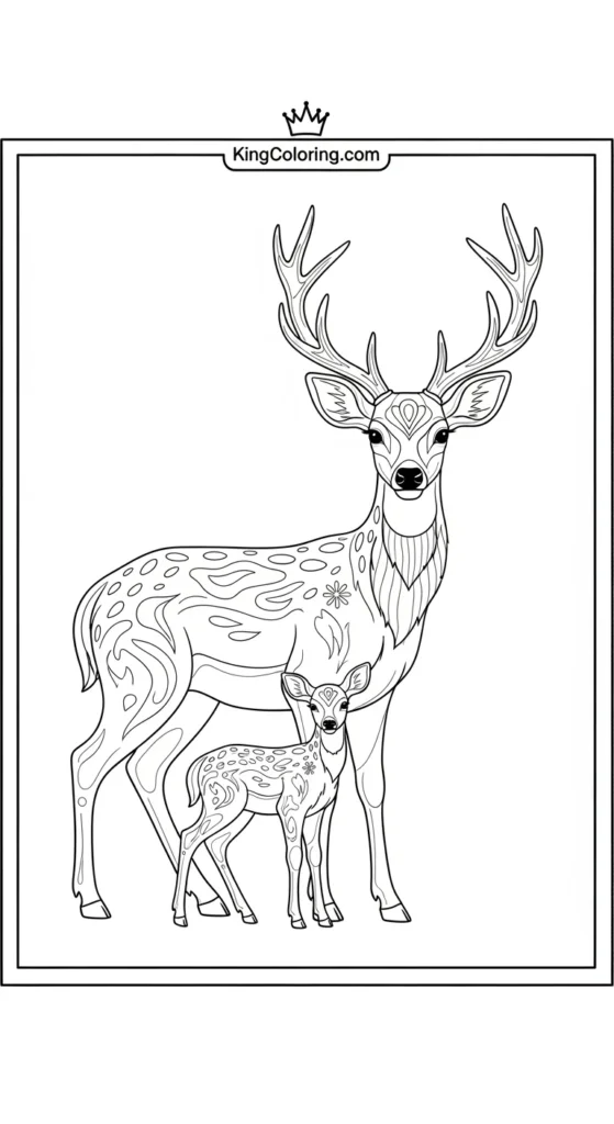 Deer coloring page illustrating a deer parent with one fawn standing close