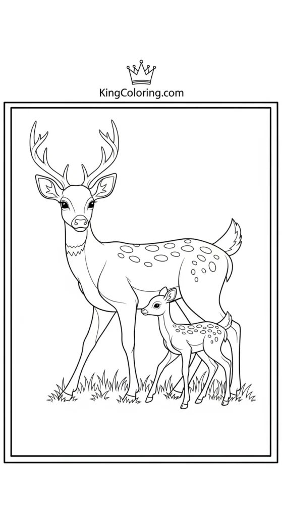 Deer coloring page illustrating a parent deer teaching a fawn to walk