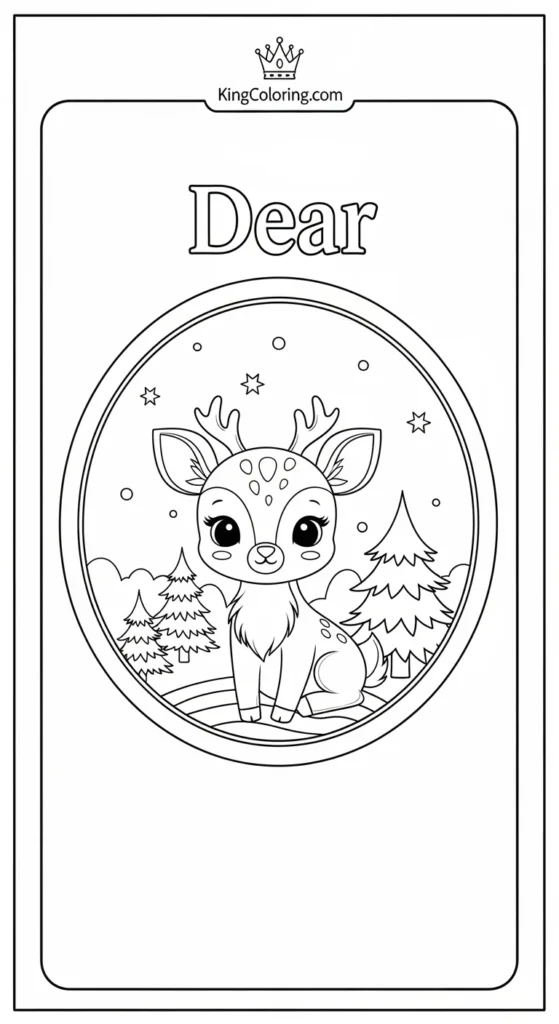 Deer coloring page illustrating a small cute deer sitting inside a rounded decorative frame