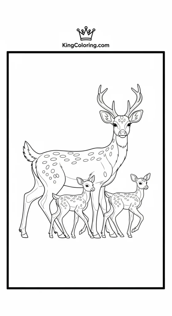Deer coloring page showing a deer family with two fawns walking together