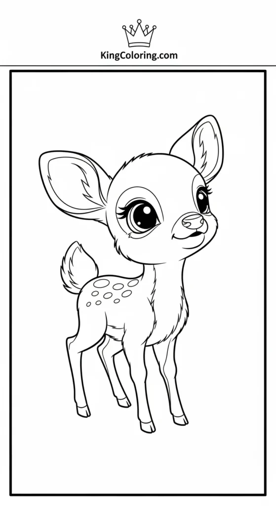 Deer coloring page showing a tiny deer looking up with wide eyes