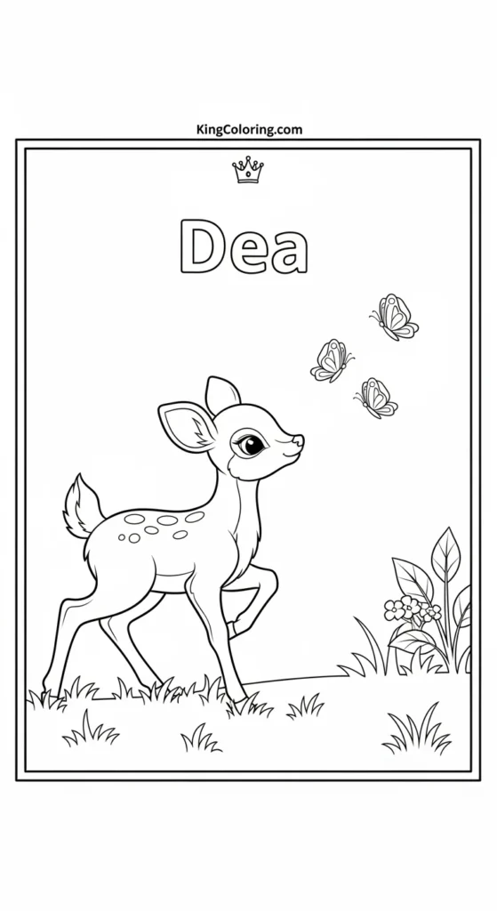 Deer coloring page with a baby deer chasing butterflies