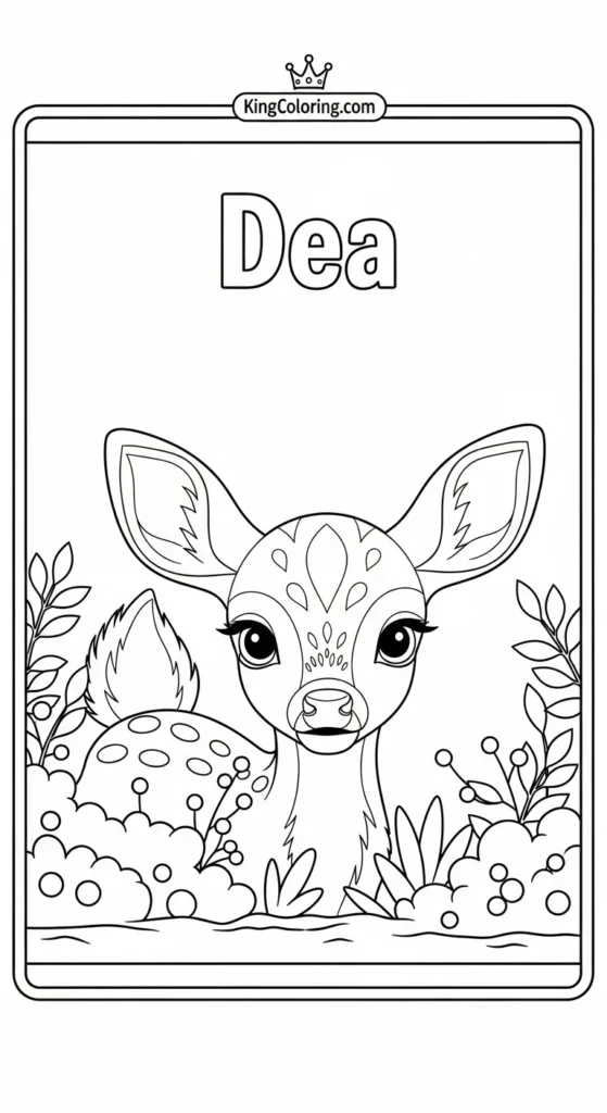 Deer coloring page with a baby deer peeking from behind bushes