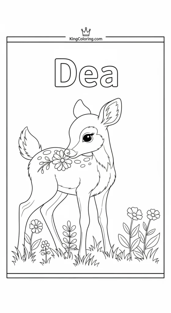 Deer coloring page with a baby deer sniffing flower