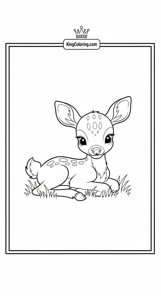 Deer coloring page with a tiny baby deer lying on the grass