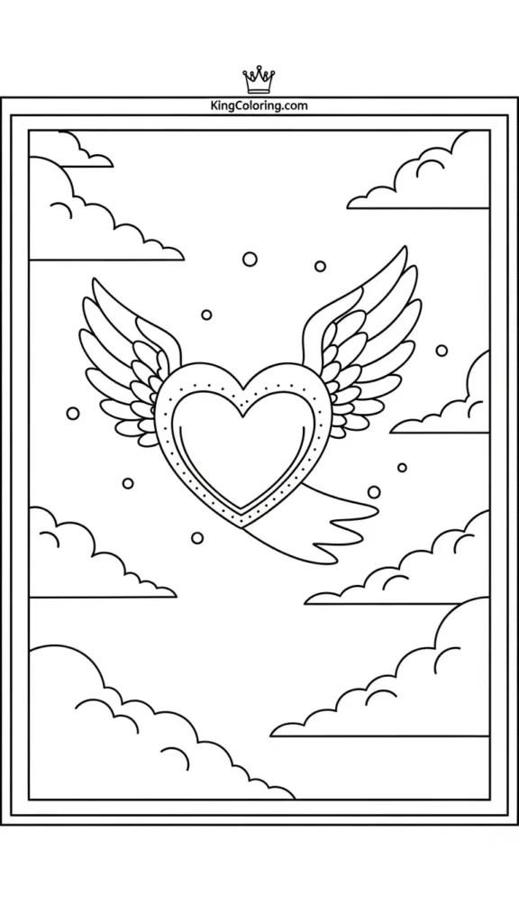 Heart with wings flying above clouds