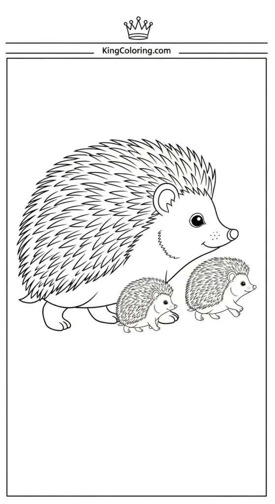 Hedgehog coloring pages depicting a family walking together