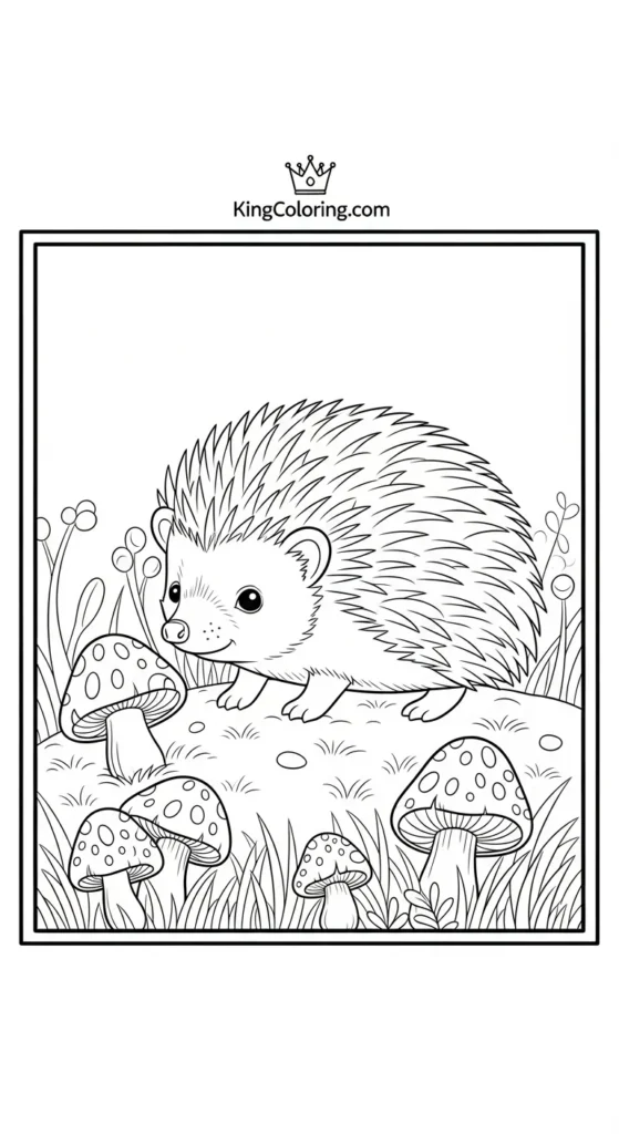 Hedgehog coloring pages exploring mushrooms