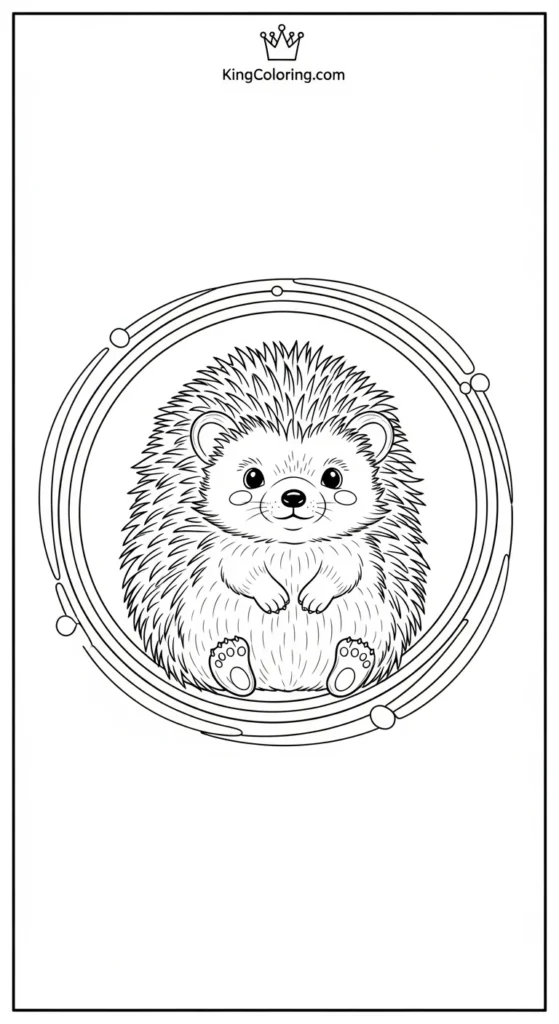 Hedgehog coloring pages illustrating a cute sitting inside a circular frame