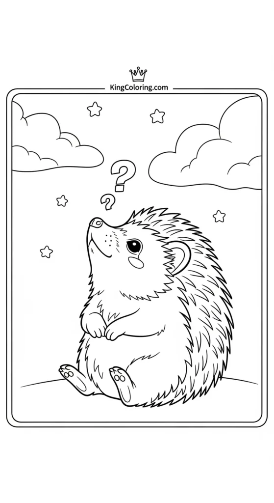 Hedgehog coloring pages showing a tiny looking up at the sky