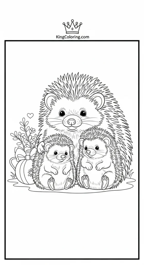 Hedgehog coloring pages showing family with two babies