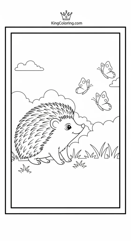 Hedgehog coloring pages with a baby chasing butterflies